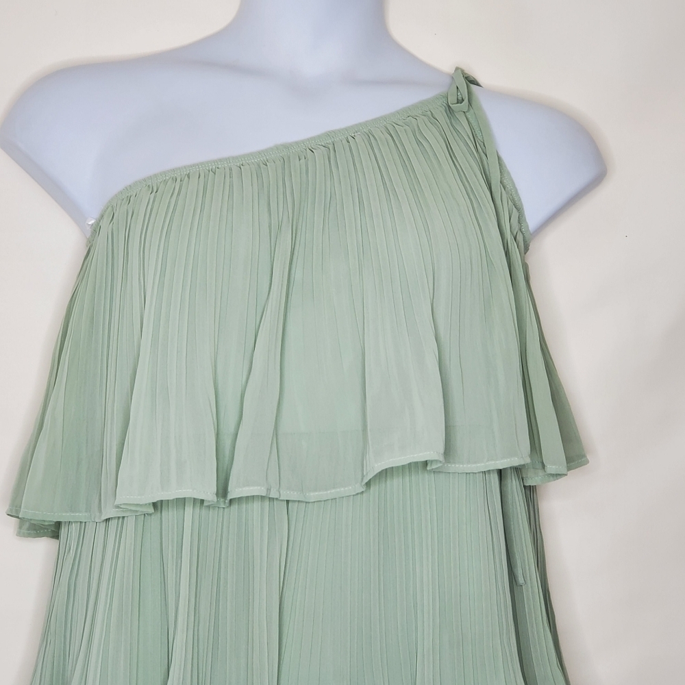 Lulus Blowing Kisses Pleated One Shoulder Mini Dress XL Tiered Sage Green NEW - Picture 2 of 12